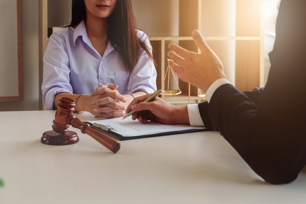 Advocate advising a client at a desk